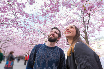 Hipster couple portrait in Stockholm with cherry blossoms