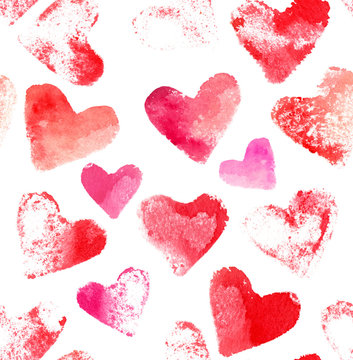 Stamp printed watercolour hearts seamless background pattern