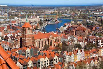 Naklejka na ściany i meble Old Town in Gdansk, aerial view from cathedral tower, Poland
