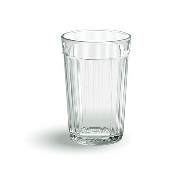 one transparent empty faceted glass on a white background