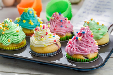 Preparation for delicious muffins with sweet cream