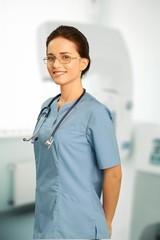 Nurse. Happy Asian Doctor in Blue