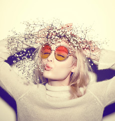 fashion woman portrait. Sunglasses Hippi hair flowers on face - 82199502