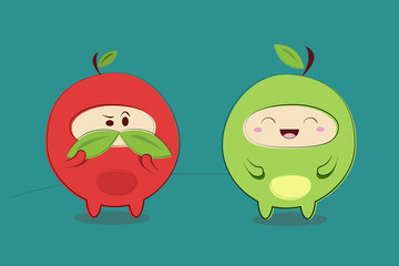 Funny cartoon green apple character in cute Japanese style, vector illustration. Doodle isolated on white.