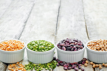 bean. green and yellow peas, colored beans, chickpeas, green and