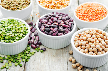 bean. green and yellow peas, colored beans, chickpeas, green and