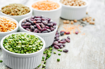 bean. green and yellow peas, colored beans, chickpeas, green and