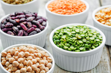 bean. green and yellow peas, colored beans, chickpeas, green and