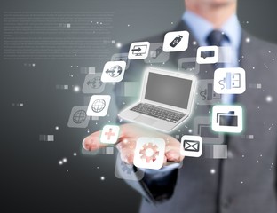 Concept. Leader hand working with modern computer interface as