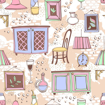 Seamless pattern of European cafe or restaurant.
