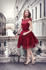 Lady in red in Venice, Italy