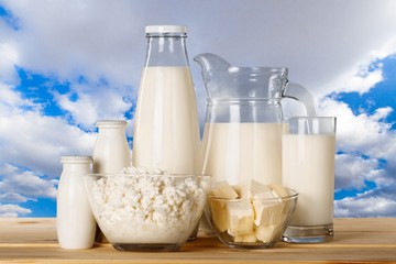 Milk. Dairy products on the sky background.