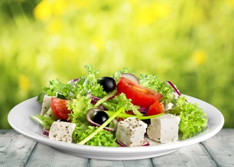 Salad. Closeup view of a plate of fresh healthy Greek salad with
