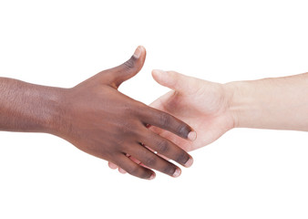 Handshake between caucasian and african man, isolated on white b