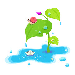 물방울 종이배 달팽이 풀잎