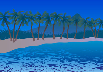 Fototapeta na wymiar Vector illustration. Beach in the ocean, palm trees.