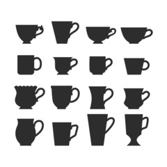 Set of mugs, black silhouettes of dishes