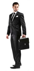 Elegant man in suit with briefcase isolated on white