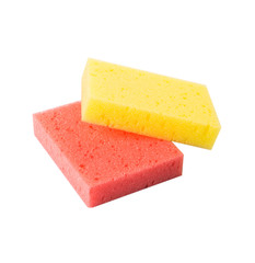 Red and yellow dish washing sponge over white background