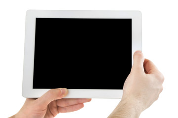 Male hands holding digital tablet isolated on white