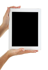 Female hands holding digital tablet isolated on white