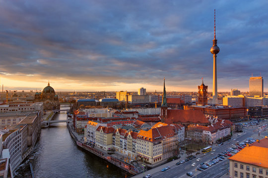 The center of Berlin with the famous Television tower at sunset