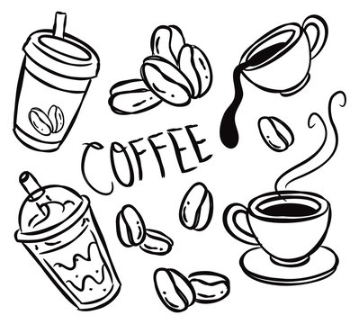 set of coffee doodle