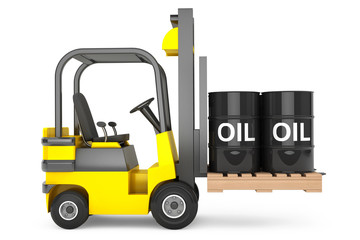 Forklift Truck with Oil Barrels over Pallet