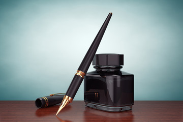 Old Style Photo. Fountain Pen with Ink Bottle