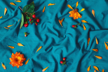 Colorful flowers on blue bedsheet