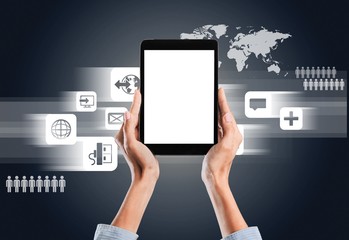 Tablet. Man hands holding a white tablet computer gadget with