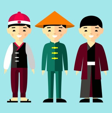 Vector colorful illustration of asian boys in national clothes