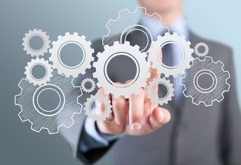 Career. Portrait of Businessman push to  Opportunity button on