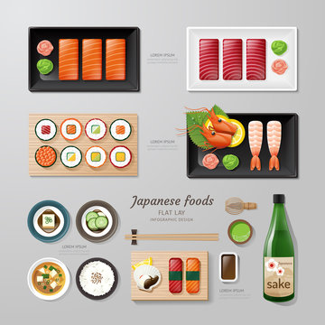 Infographic japanese foods business flat lay idea. Vector illust