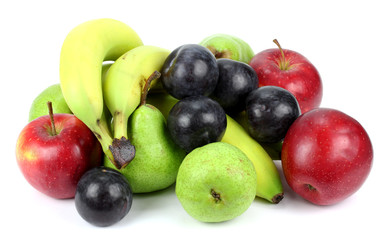 plum apples pears bananas on white background.