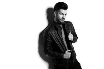 Black and white image of a young business man