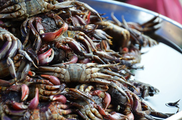 Vendor prepares seafood on a stall in Chinatown