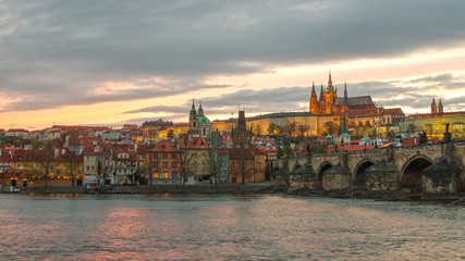 Fototapeta na wymiar Castle of Prague (Czech Republic), Charles Bridge and Vltava