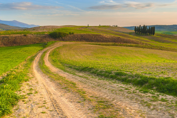Fototapeta na wymiar Beautiful fields, hills and roads of Tuscany, Italy