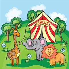 Obraz na płótnie Canvas Bright cartoon illustration for children with circus animals