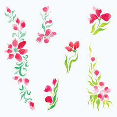 watercolor beautiful flowers with leaves