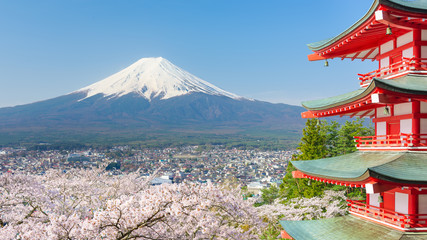 Red pagoda with Mt. Fuji as the background - obrazy, fototapety, plakaty