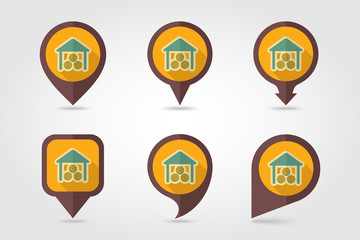 Shed flat mapping pin icon with long shadow
