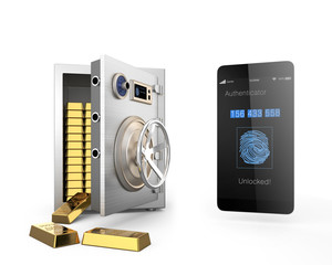 Smart phone unlocked metal safe and many gold bars inside