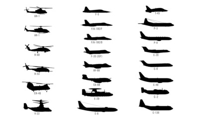 US Modern Military Aircraft Silhouettes Set Isolated Vector Illustrations