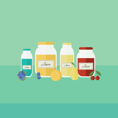 Card with jars of juice in flat style. Vector illustration