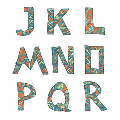Hand drawn artistic font from lines, letters J-R