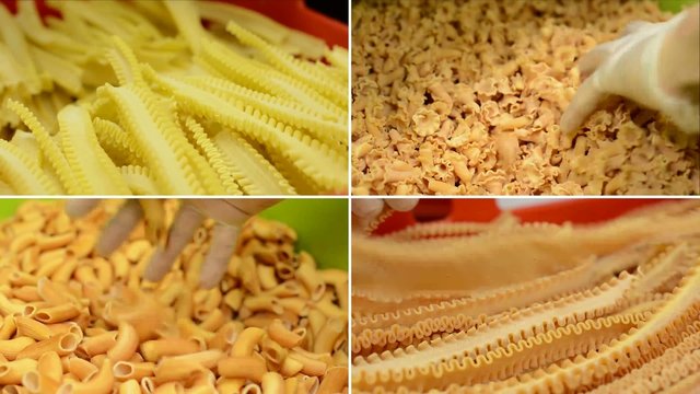 montage - dried pasta in containers - hands of worker