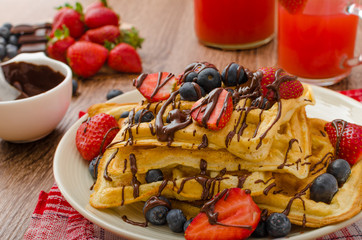 Belgian waffles with blueberries, strawberries
