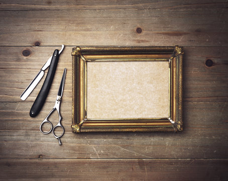 Kraft canvas with a frame and vintage barber tools